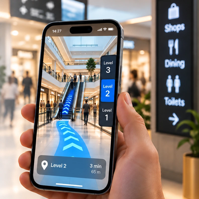 Concept illustration of a smartphone displaying an indoor navigation route through a multi-level shopping centre