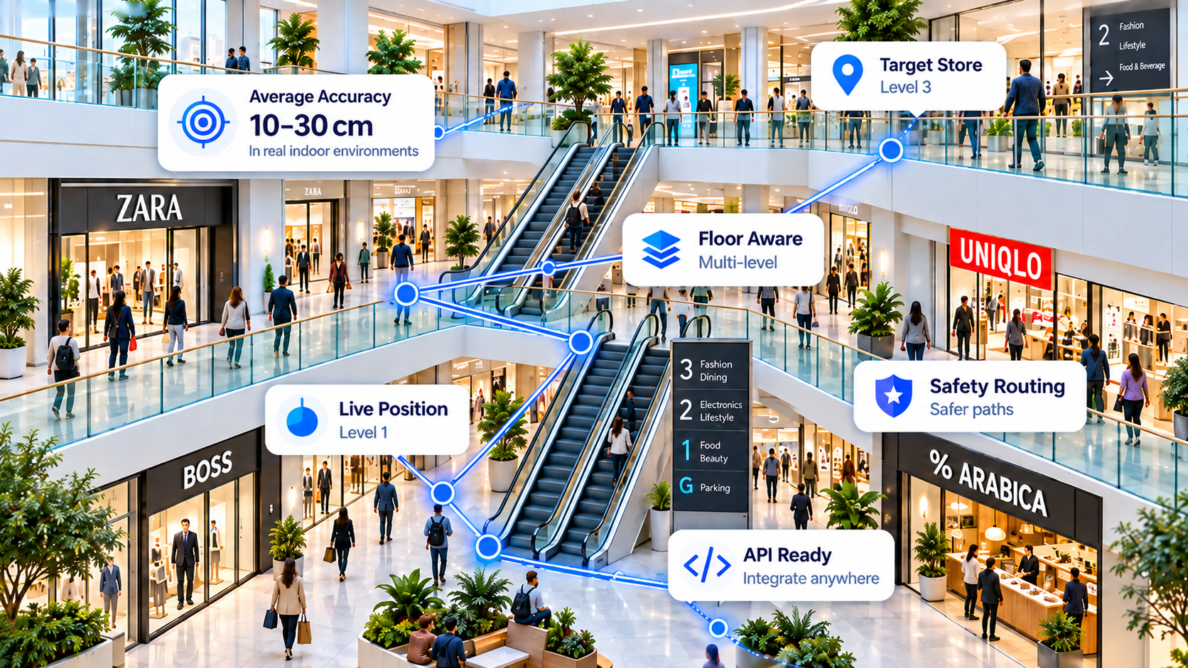 Indoor shopping mall navigation illustration showing point-to-point routing, escalators, shops and multi-floor navigation
