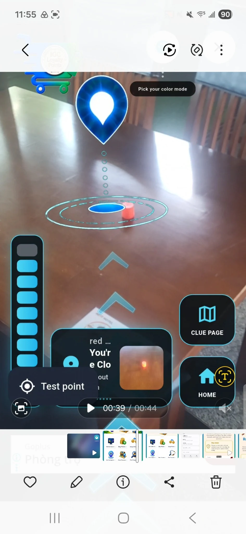 IGC Fusion indoor navigation screenshot showing a blue visual positioning indicator and route arrows next to a small red physical target on a table