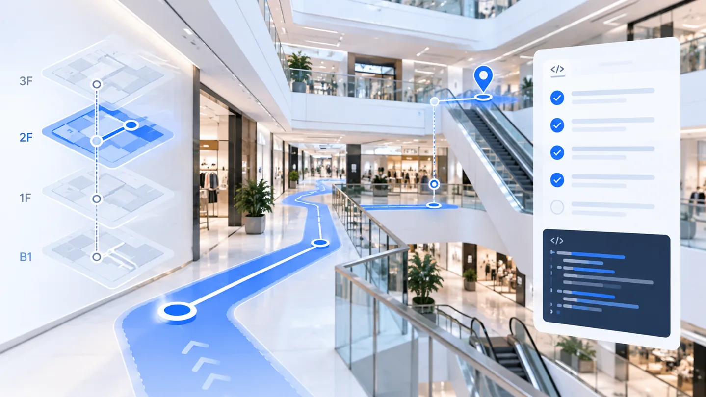 Beacon-free indoor navigation without GPS using multi-floor routes and developer integration checklist