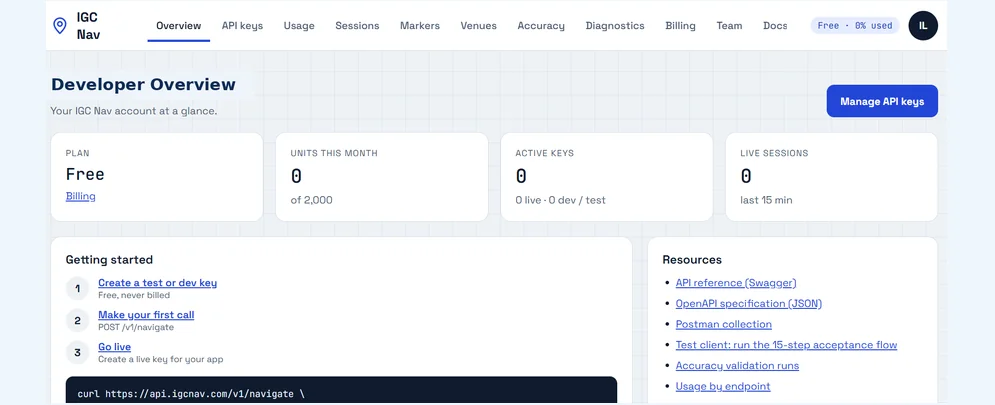 IGC Nav developer portal overview management screenshot