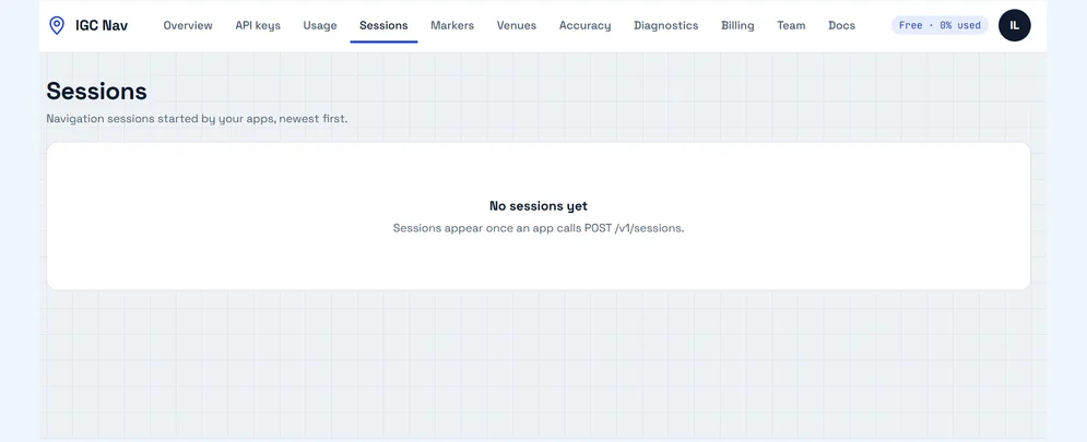 IGC Nav developer portal sessions management screenshot