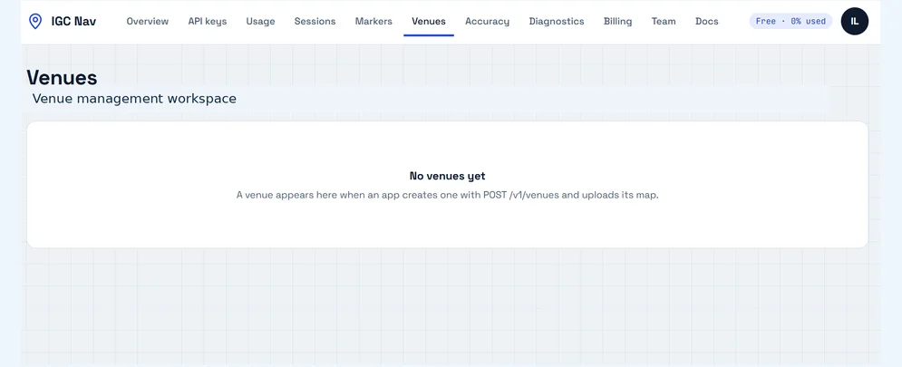 IGC Nav developer portal venues management screenshot