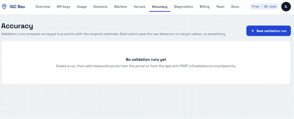 IGC Nav developer portal accuracy management screenshot