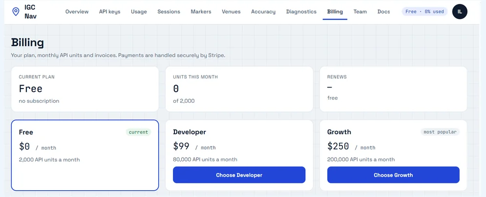 IGC Nav developer portal billing management screenshot