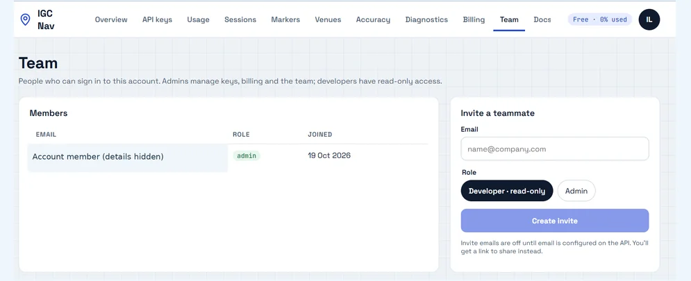 IGC Nav developer portal team management screenshot